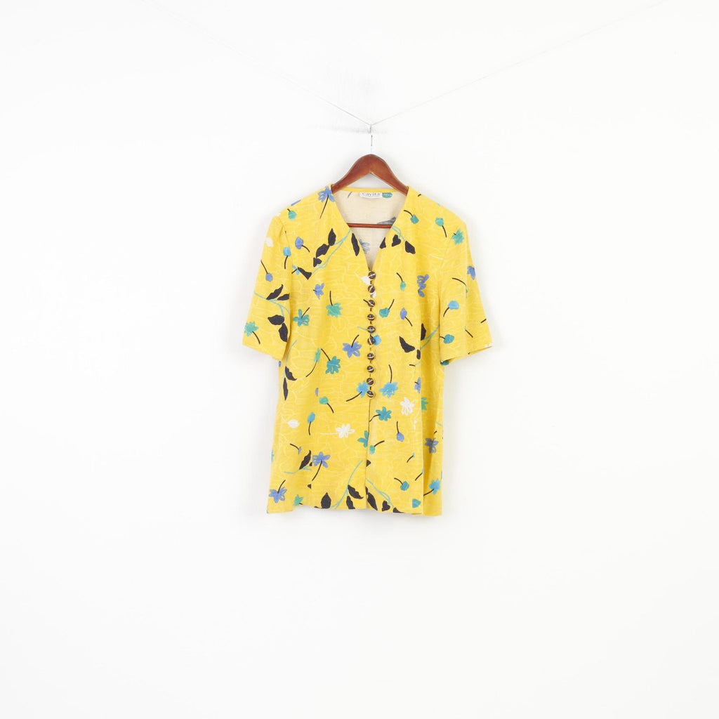 Cavita Schneberger Gruppe Women 18 XL Shirt Button Front Flower Print Blouse Short Sleeve Yellow Summer Vintage V Neck Top
