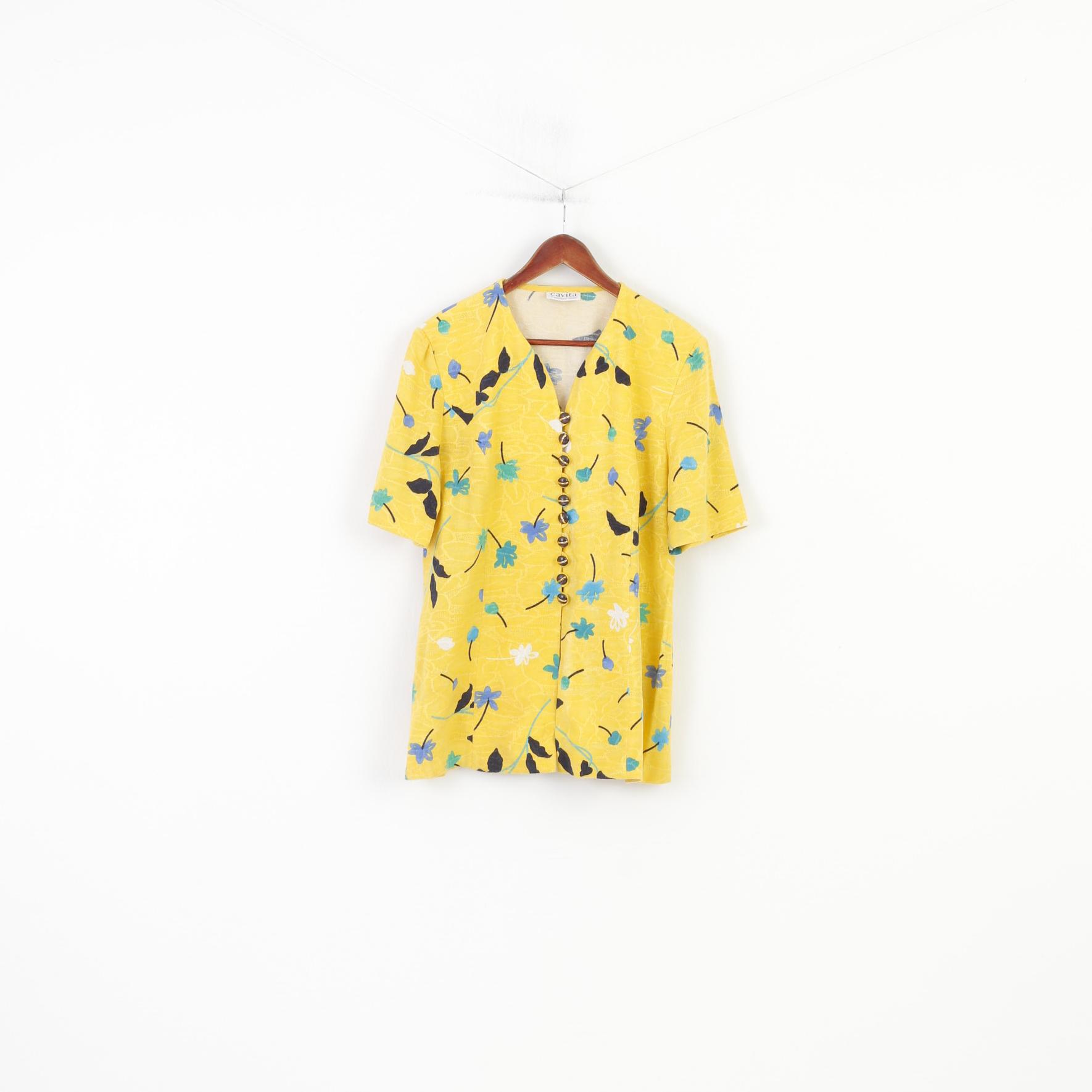 Cavita Schneberger Gruppe Women 18 XL Shirt Button Front Flower Print Blouse Short Sleeve Yellow Summer Vintage V Neck Top