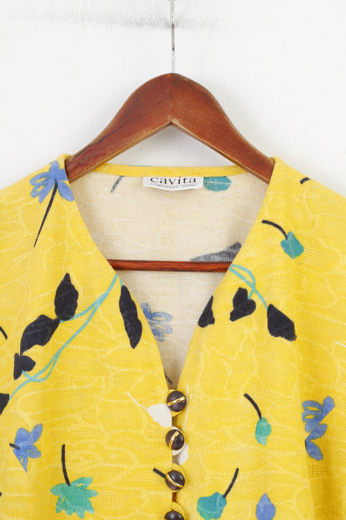 Cavita Schneberger Gruppe Women 18 XL Shirt Button Front Flower Print Blouse Short Sleeve Yellow Summer Vintage V Neck Top