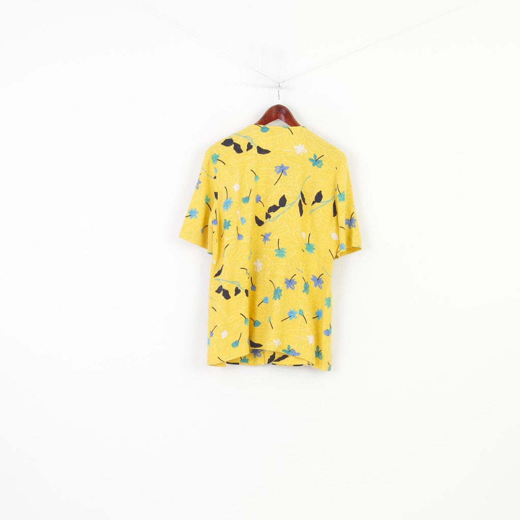 Cavita Schneberger Gruppe Women 18 XL Shirt Button Front Flower Print Blouse Short Sleeve Yellow Summer Vintage V Neck Top