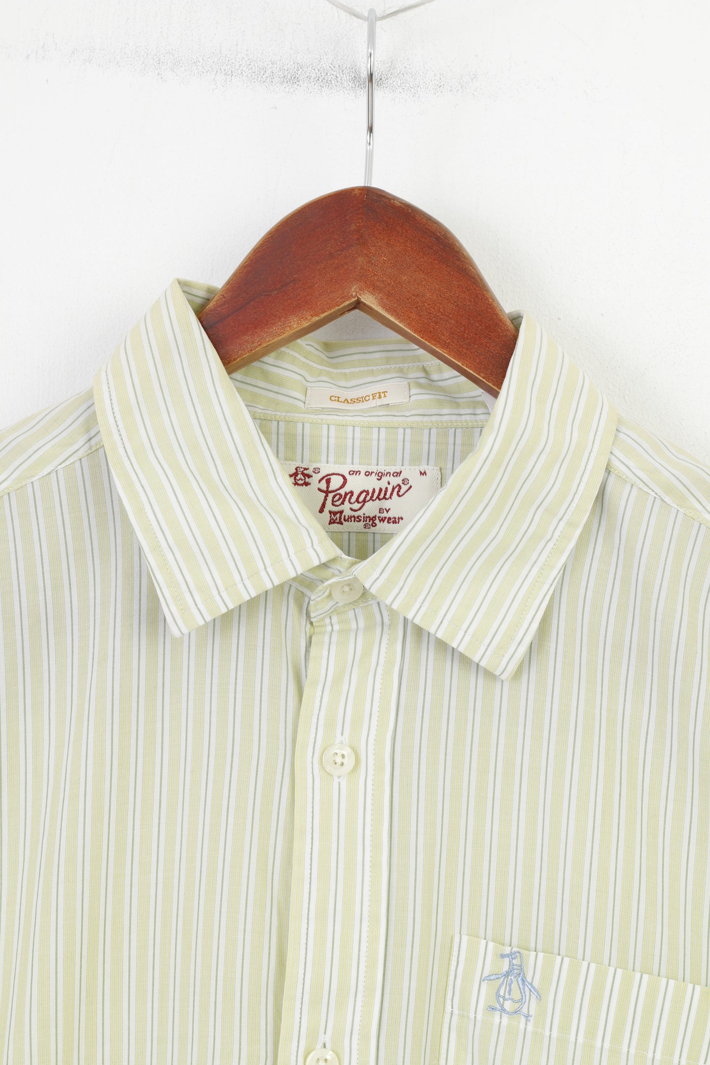 Camicia casual da uomo originale Penguin M a righe giallo lime, vestibilità classica, top a maniche lunghe in cotone