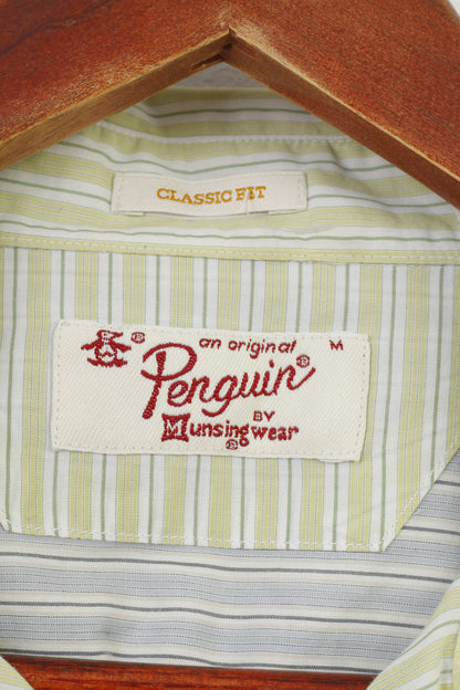 Camicia casual da uomo originale Penguin M a righe giallo lime, vestibilità classica, top a maniche lunghe in cotone