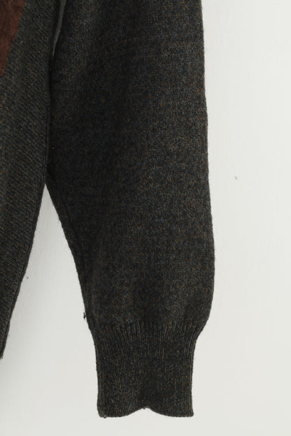 Vintage Men 42 L Jumper V Neck Grey Wool Geometric Print Winter Vintage Top