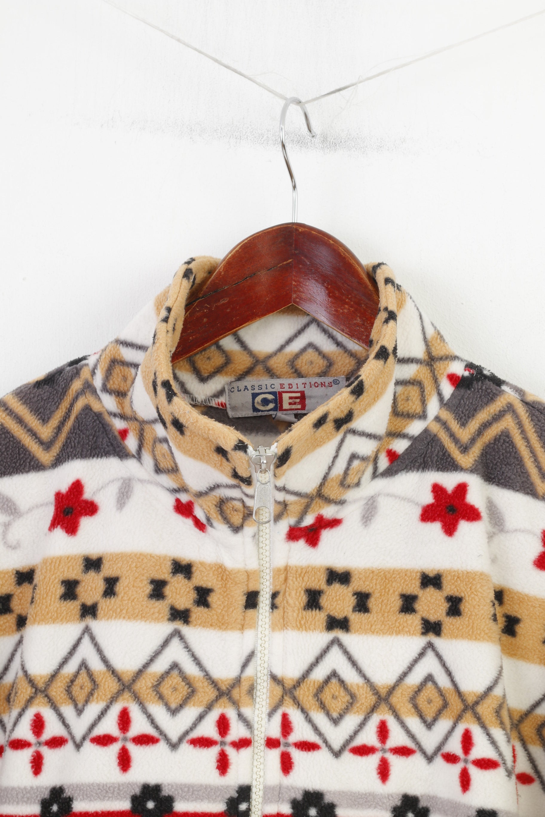Classic Editions Woman M Fleece Flower White Print Full Zipper Striped Vintage Winter Pockets Top
