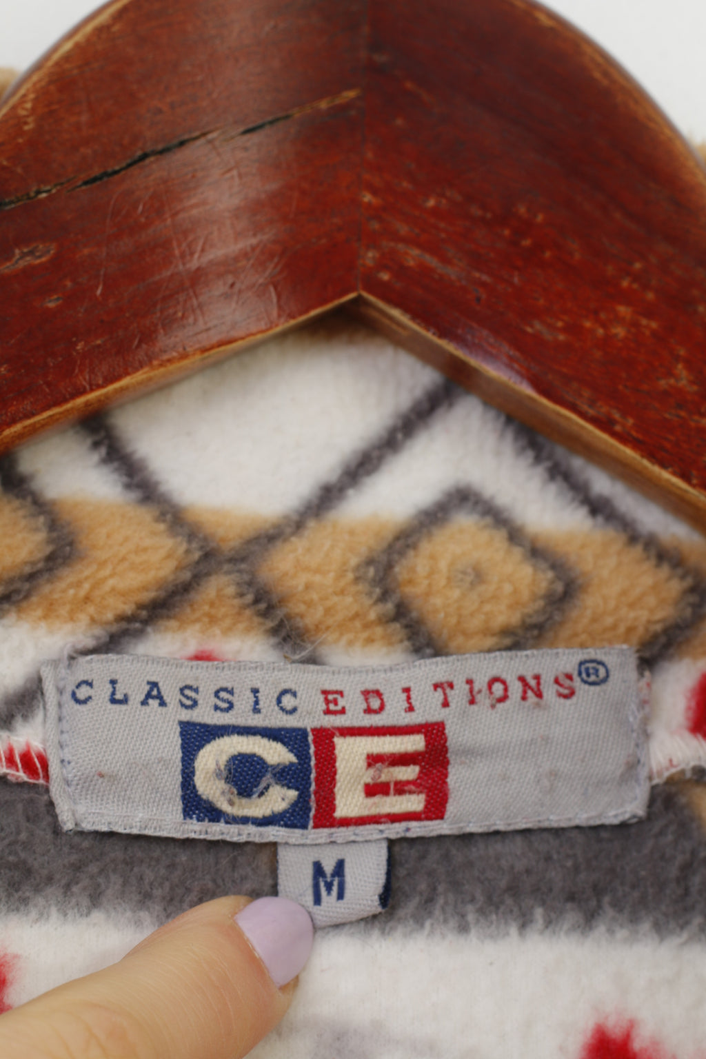 Classic Editions Woman M Fleece Flower White Print Full Zipper Striped Vintage Winter Pockets Top