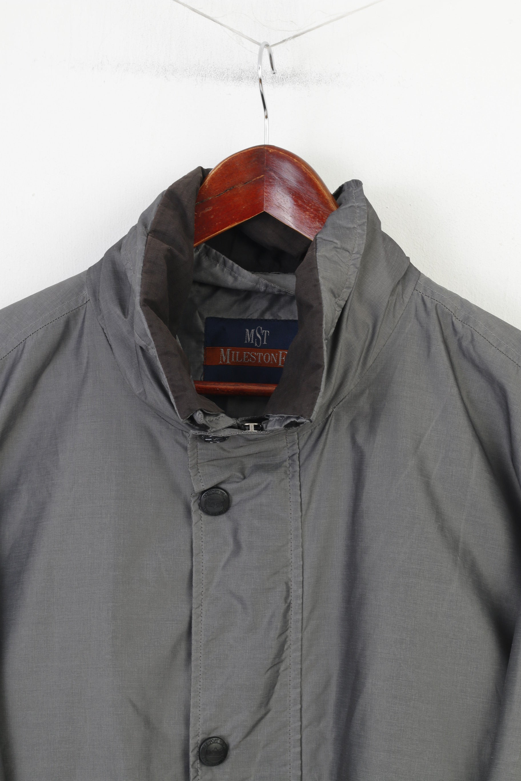 Milestone Hommes 56 XL Veste Gris Argent Fermeture Éclair Complète Nylon Extérieur Brillance Vintage Capuche Haut