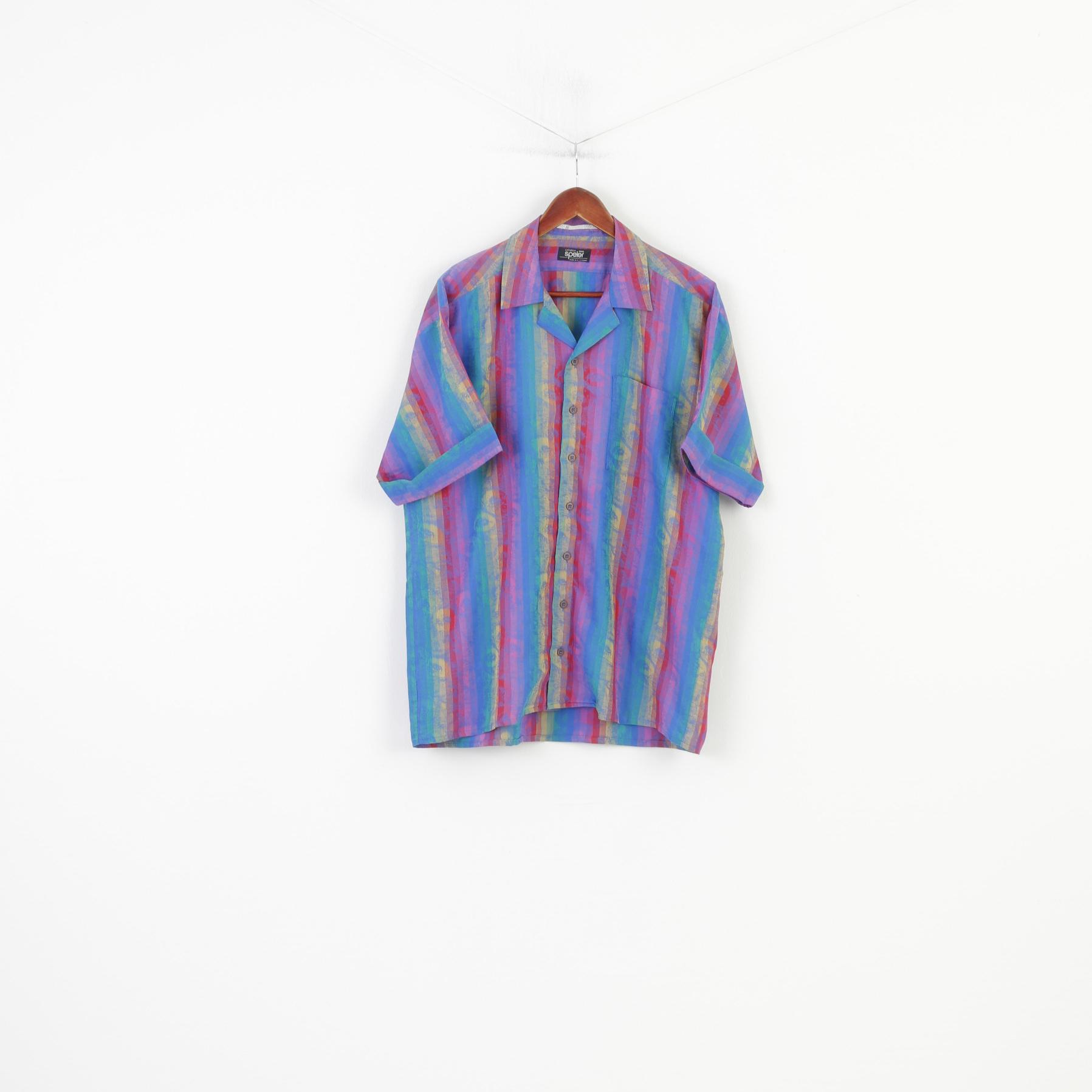 Creation Speier Men L Casual Shirt Multi Color Striped Cotton  Summer Short Sleeve Vintage Top