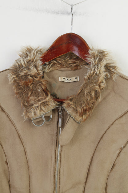 Vila Women M Vest Bodywarmer Waistcoat Fur Beige Collar Full Zipper Sleeveless Top