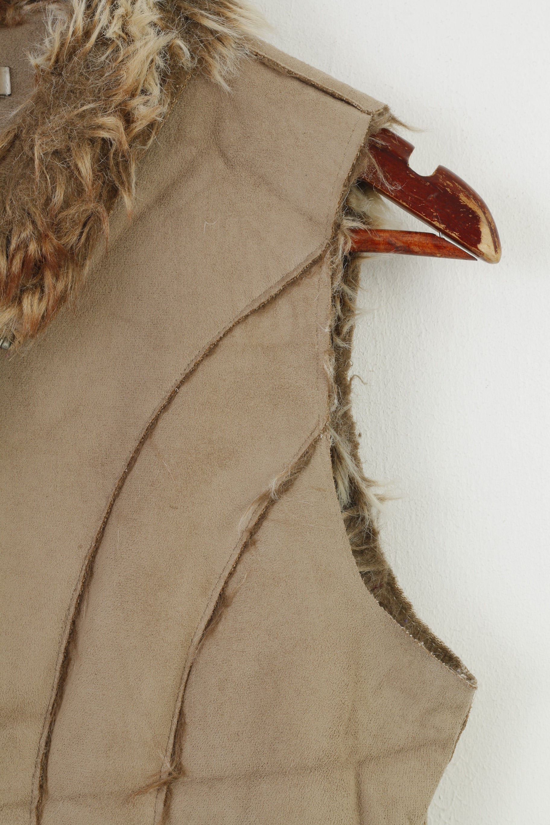 Vila Women M Vest Bodywarmer Waistcoat Fur Beige Collar Full Zipper Sleeveless Top