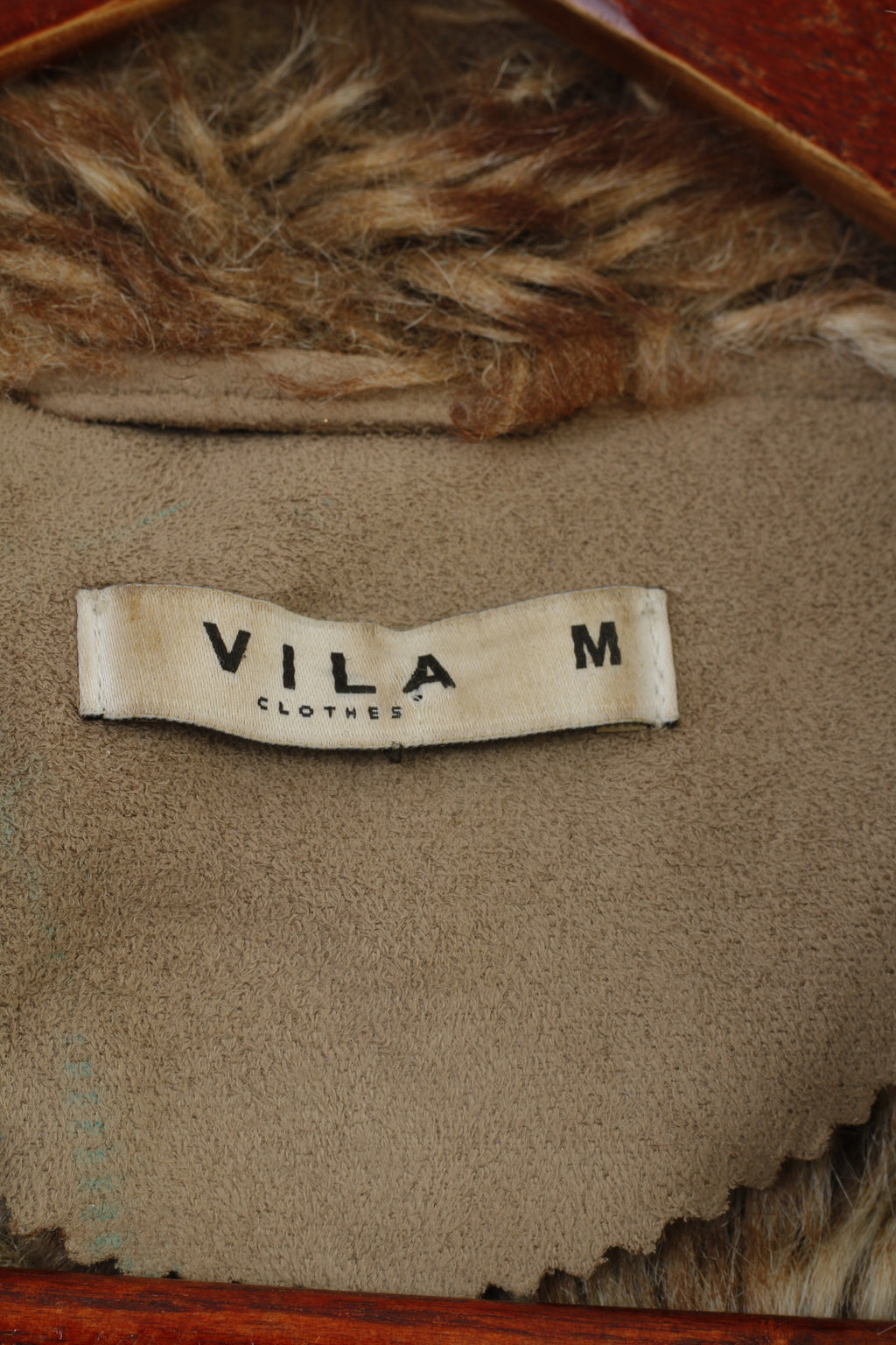 Vila Women M Vest Bodywarmer Waistcoat Fur Beige Collar Full Zipper Sleeveless Top