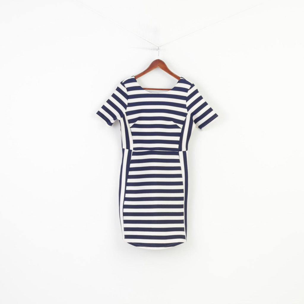 Angel Paris Women 14 L  Dress Striped Mini Short Sleeve Crew Neck White Back Zipper Navy 