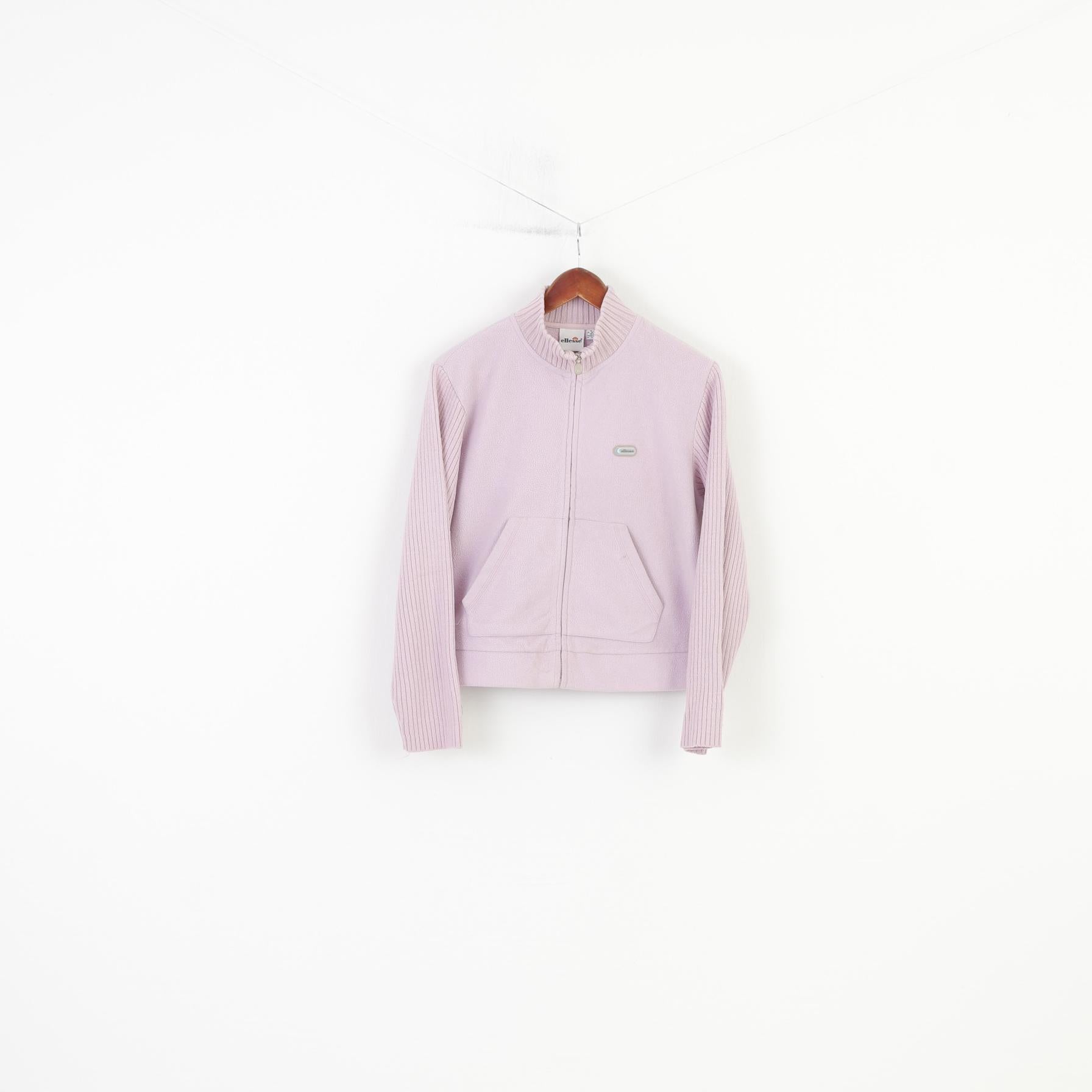 Ellesse Women 38 M Sweatshirt Pink Fleece Full Zipper Collar Pockets Vintage Winter Top