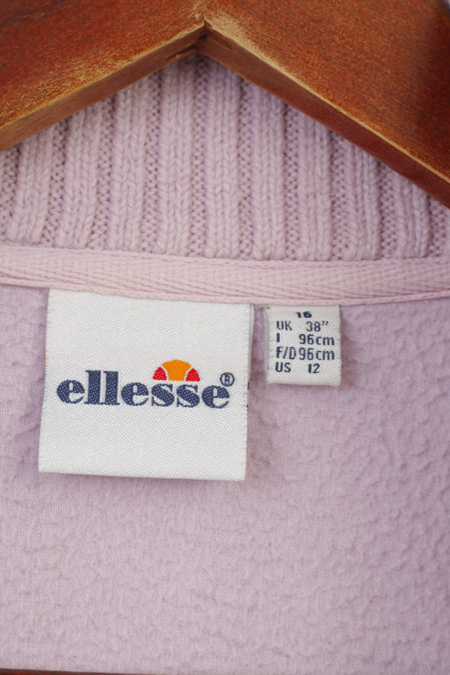 Ellesse Women 38 M Sweatshirt Pink Fleece Full Zipper Collar Pockets Vintage Winter Top