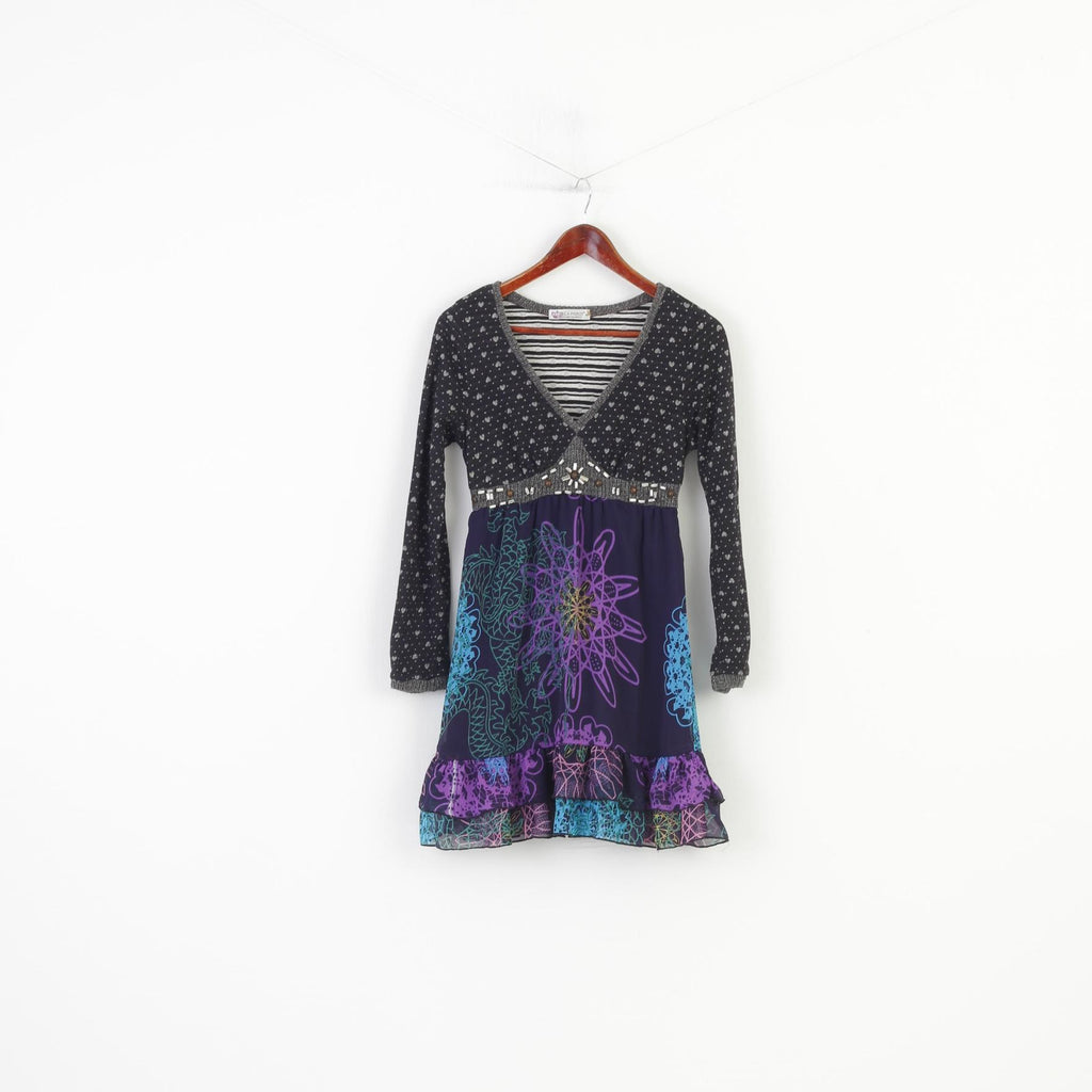 Forla Paris Women M Dress V Neck Mini Long Sleeve Navy Geometric Print Frills Vintage 