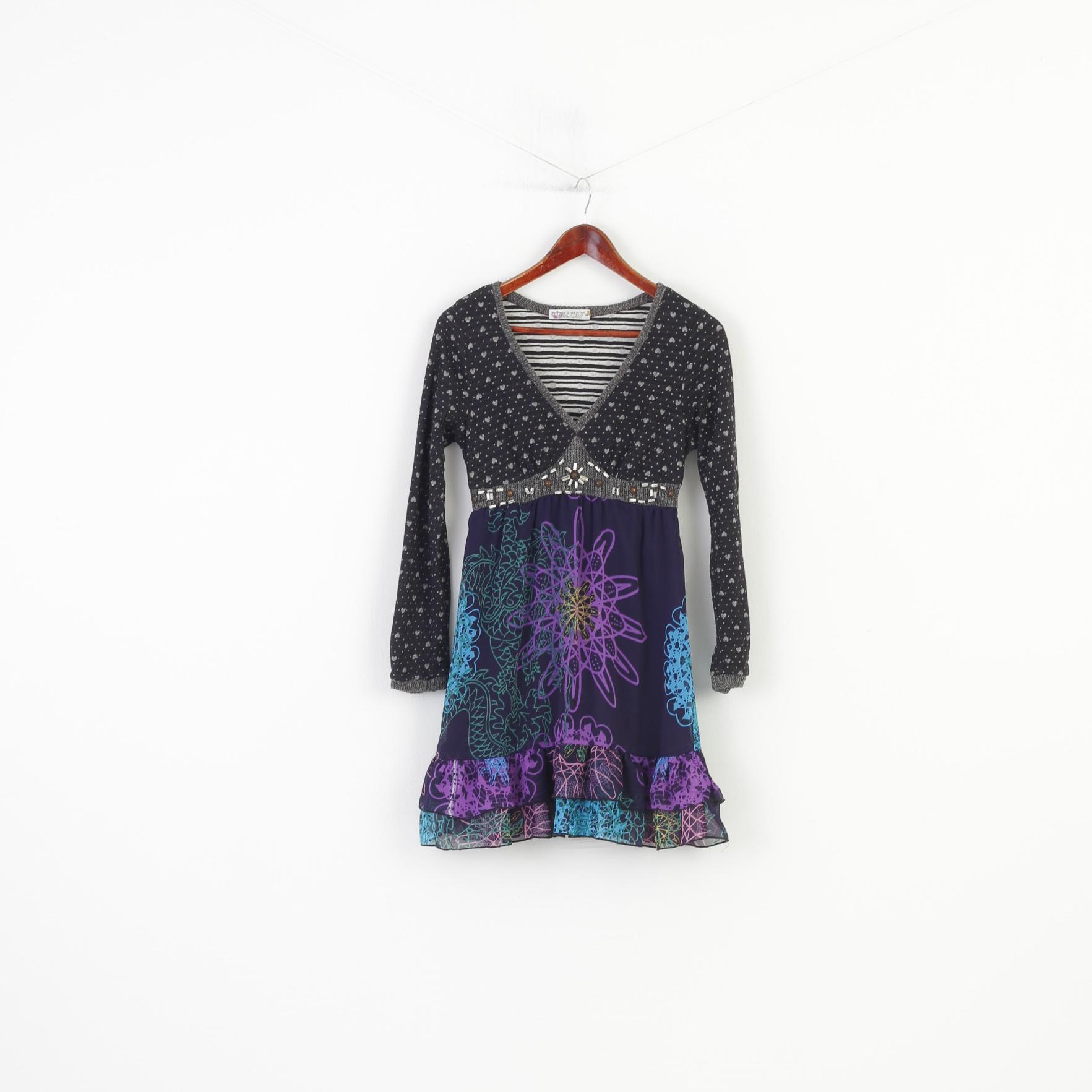 Forla Paris Women M Dress V Neck Mini Long Sleeve Navy Geometric Print Frills Vintage 