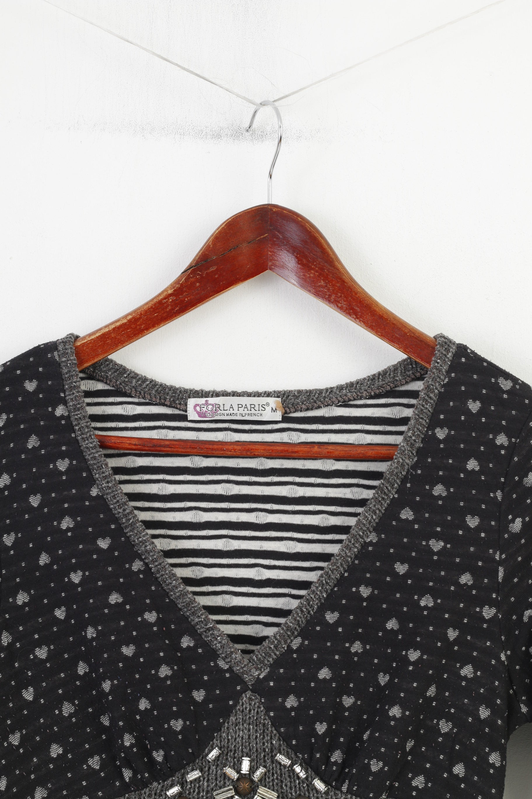 Forla Paris Femme M Mini Robe Boho Col en V Manches Longues Bleu Marine Imprimé Géométrique Volants Vintage 