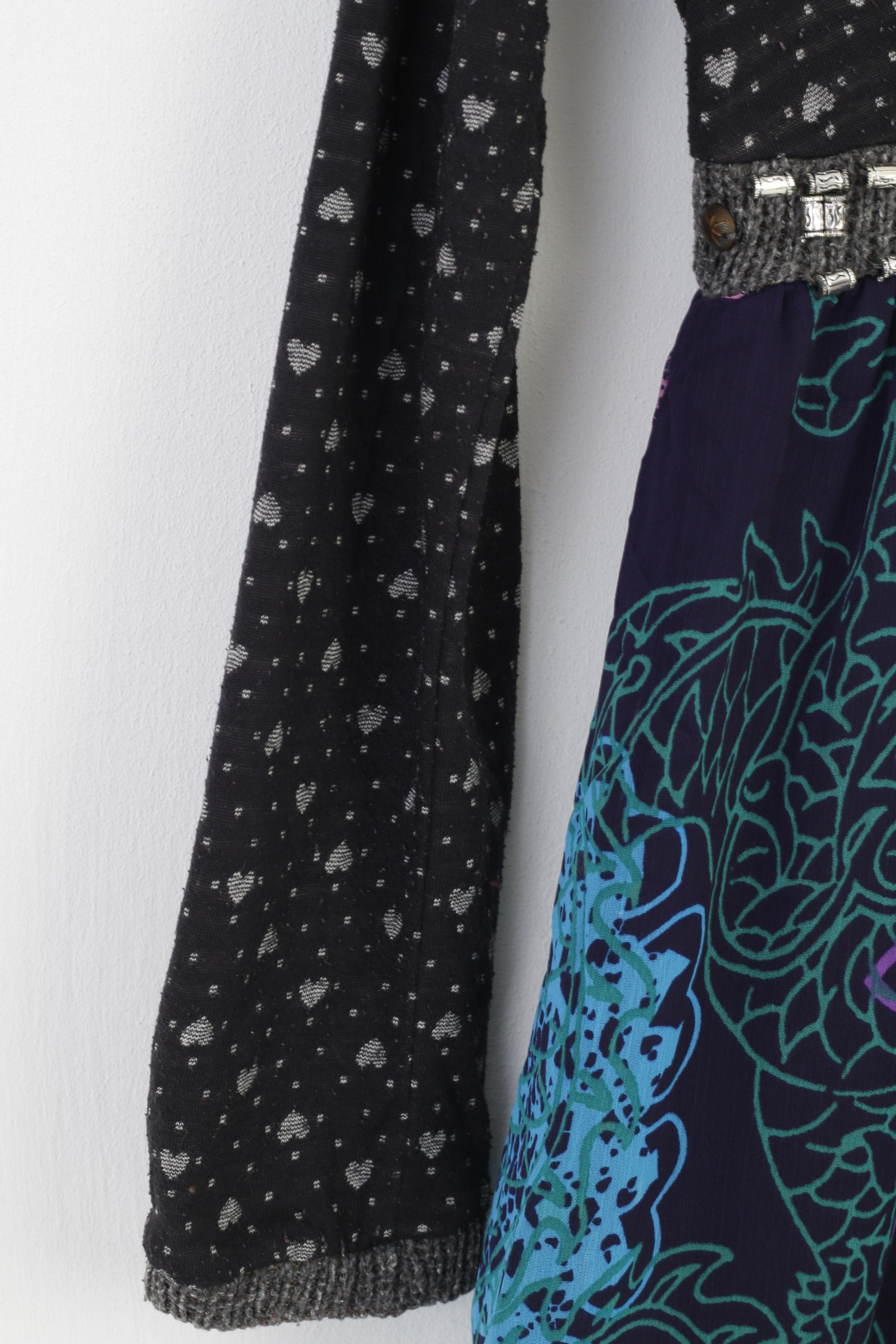 Forla Paris Femme M Mini Robe Boho Col en V Manches Longues Bleu Marine Imprimé Géométrique Volants Vintage 