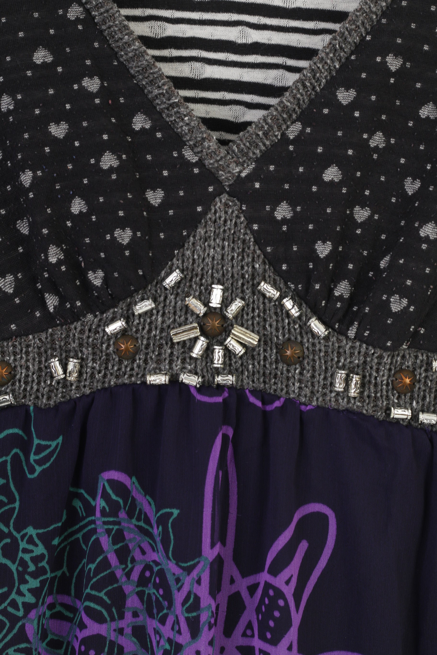 Forla Paris Femme M Mini Robe Boho Col en V Manches Longues Bleu Marine Imprimé Géométrique Volants Vintage 