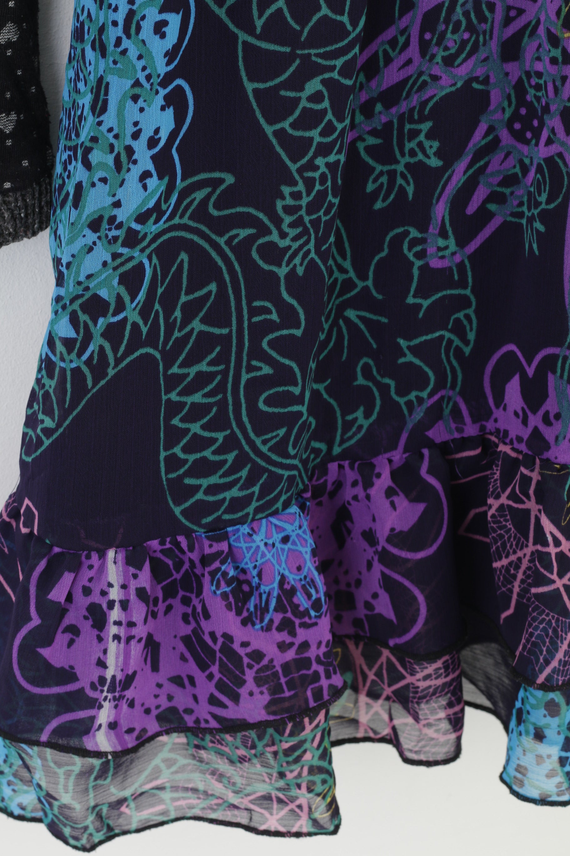 Forla Paris Femme M Mini Robe Boho Col en V Manches Longues Bleu Marine Imprimé Géométrique Volants Vintage 