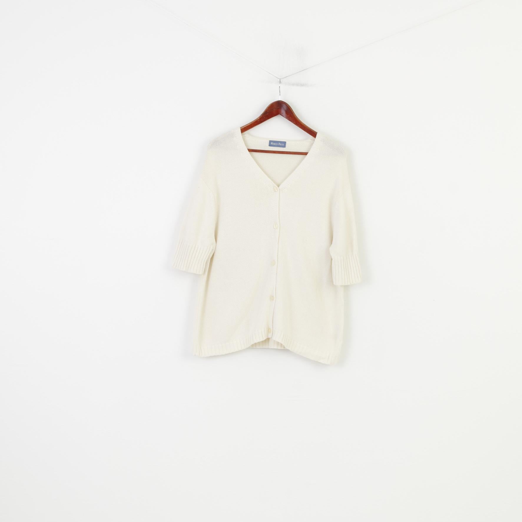 Marco Pecci Women L Jumper Cardigan Cream Short Sleeve Bottoms Vintage  V Neck Top
