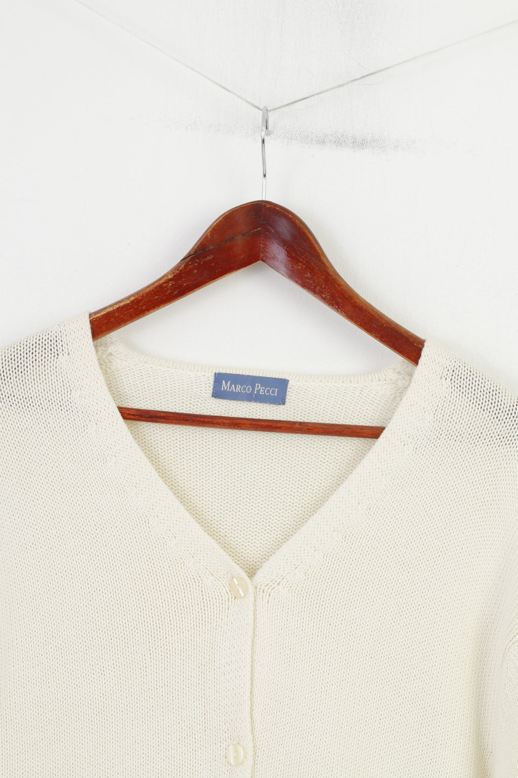 Marco Pecci Women L Jumper Cream Cotton Cardigan Short Sleeve Vintage V Neck Sweater