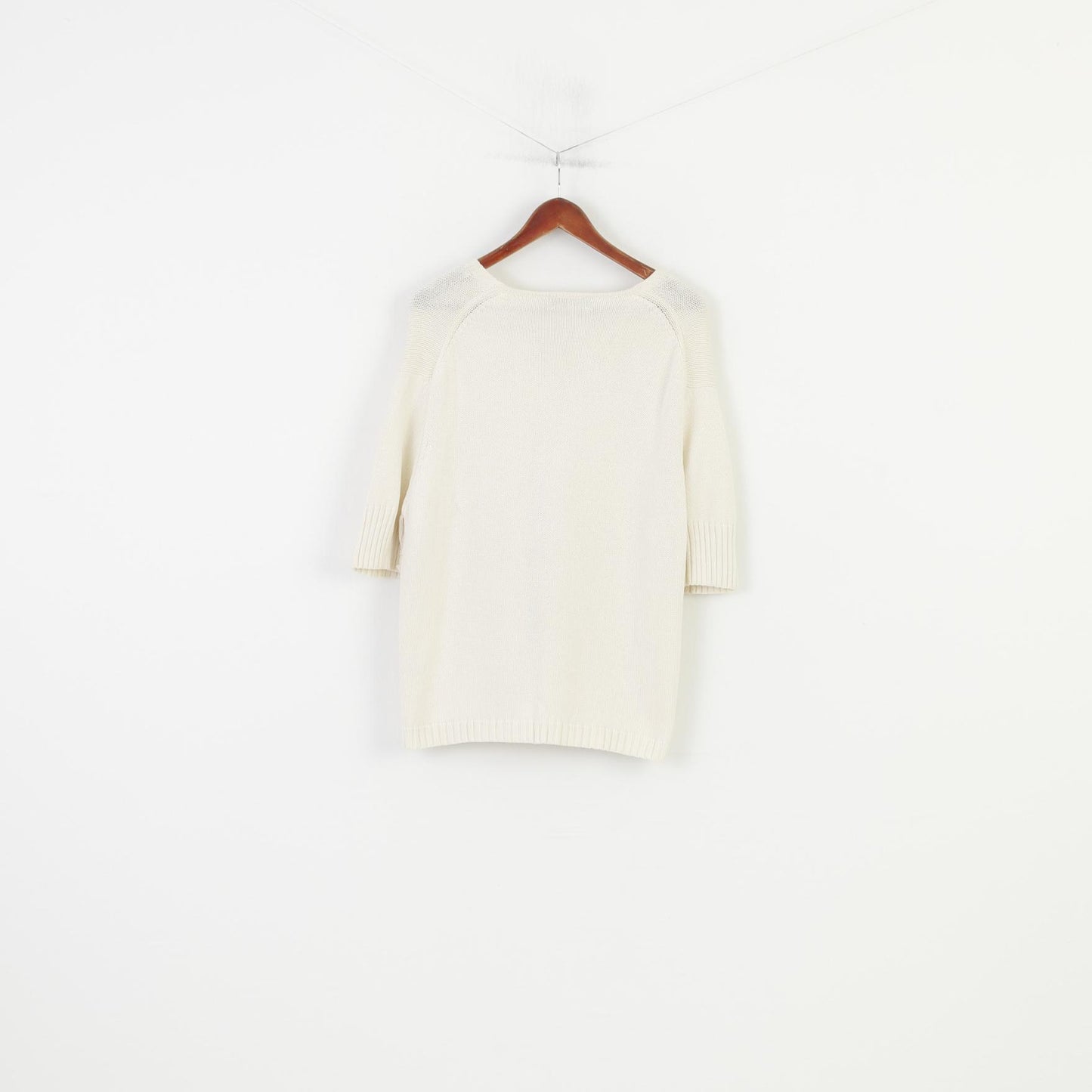 Marco Pecci Women L Jumper Cream Cotton Cardigan Short Sleeve Vintage V Neck Sweater
