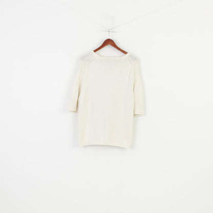 Marco Pecci Women L Jumper Cream Cotton Cardigan Short Sleeve Vintage V Neck Sweater