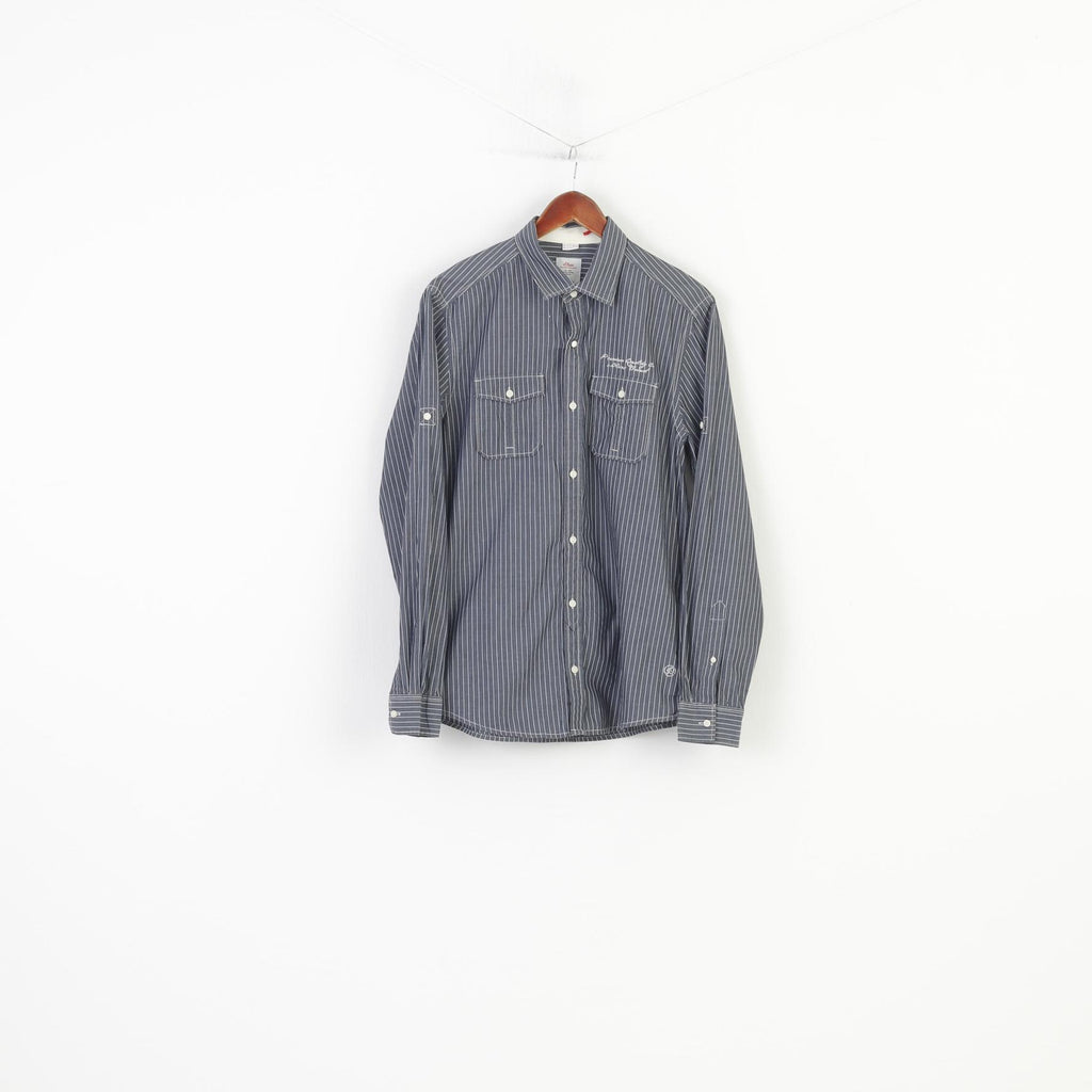 S.Oliver Men M Casual Shirt Striped Slim Fit Grey Cotton Long Sleeve Classic Top