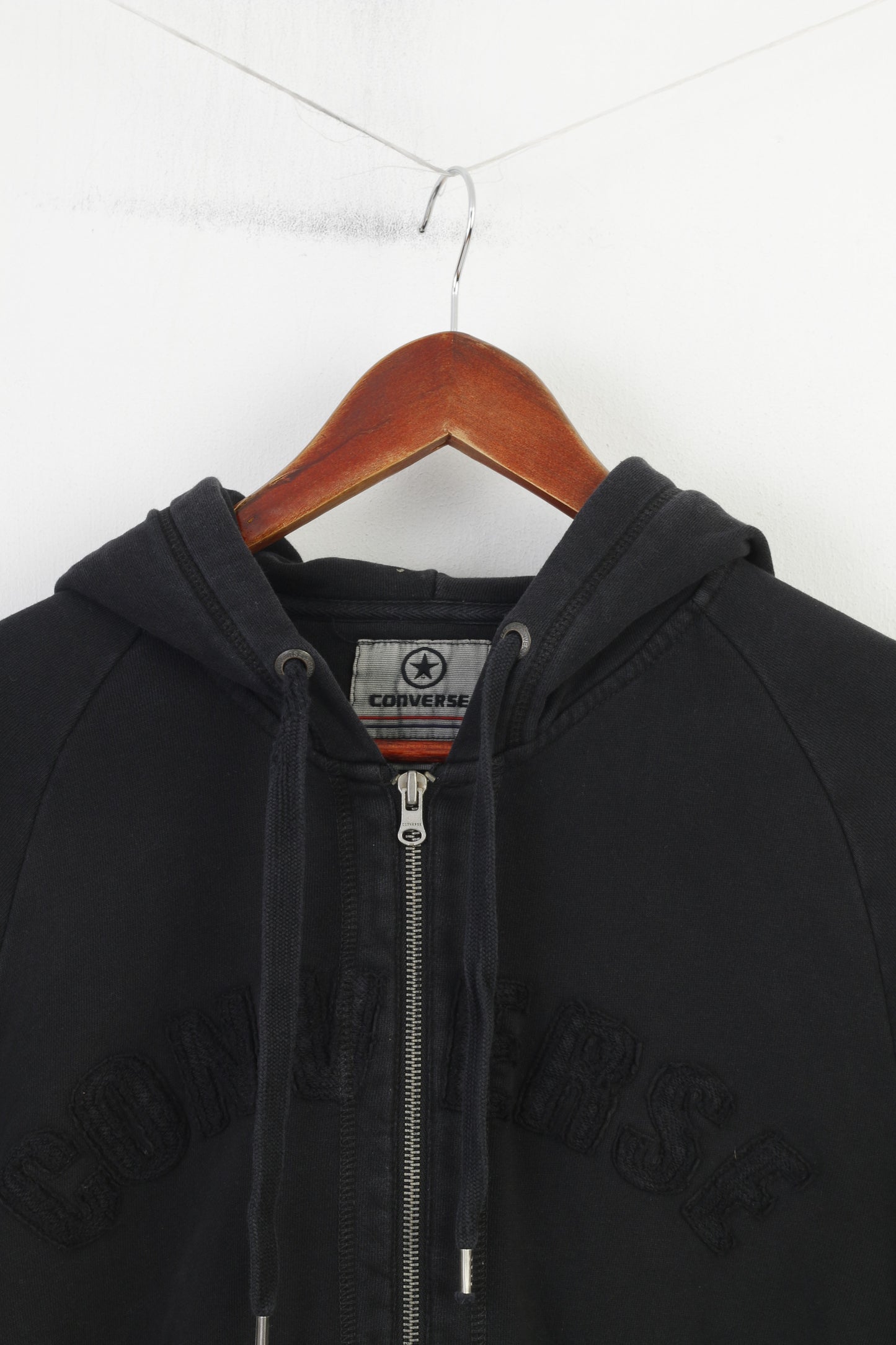 Converse Men S Sweatshirt Black Cotton Full Zipper Hood Pockets Training Hoodie Vintage Sport Top