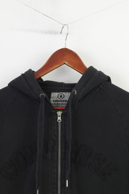 Converse Sweat-shirt à capuche en coton noir pour homme avec fermeture éclair complète et poches d'entraînement - Haut de sport vintage