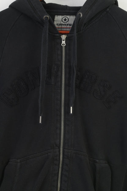Converse Sweat-shirt à capuche en coton noir pour homme avec fermeture éclair complète et poches d'entraînement - Haut de sport vintage
