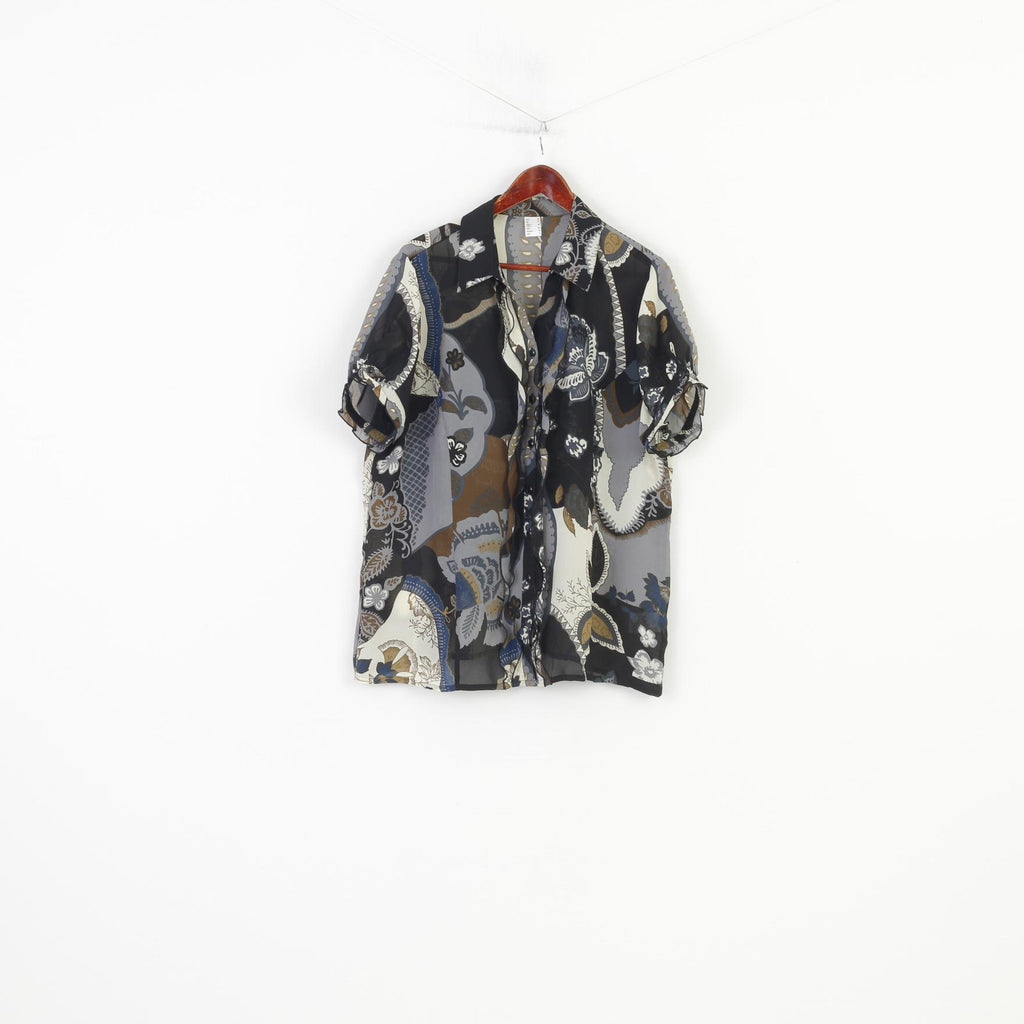 Vintage Women 20 46 Casual Shirt Black Transparent Material Floral Print Vintage Ruffles Top