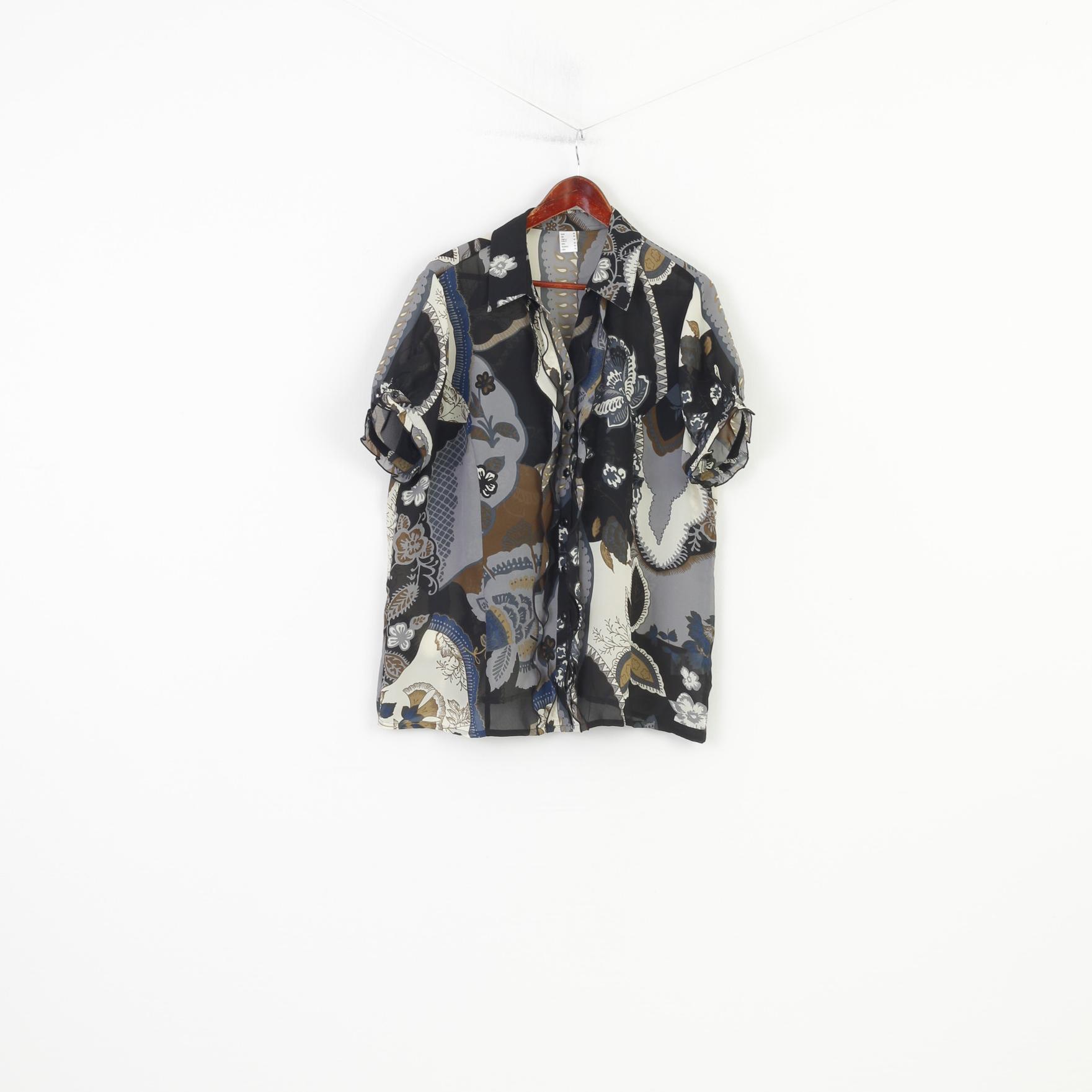 Vintage Women 20 46 Casual Shirt Black Transparent Material Floral Print Vintage Ruffles Top