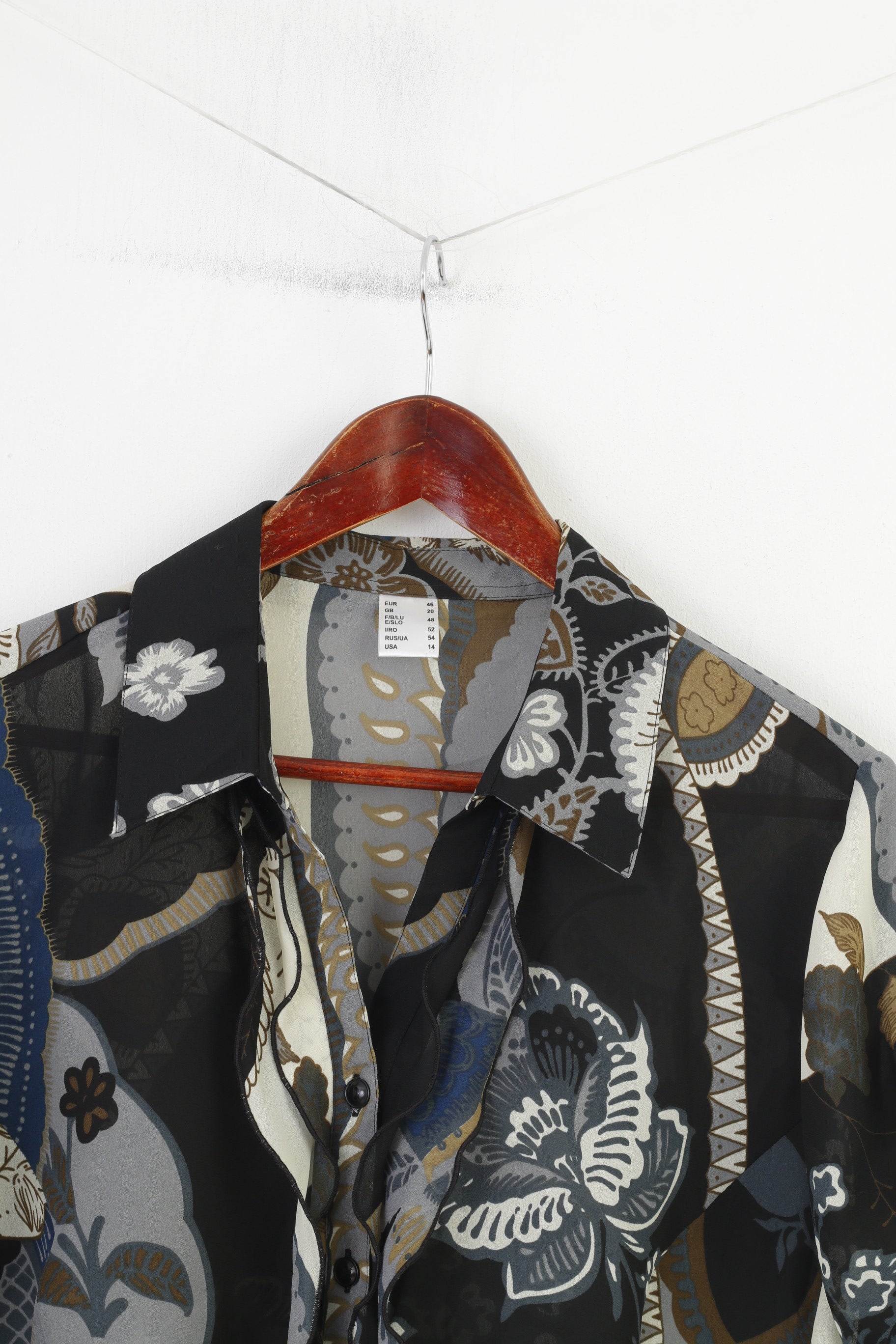 Camicia casual vintage da donna 20 46 XL Top con volant vintage in materiale trasparente nero con stampa floreale