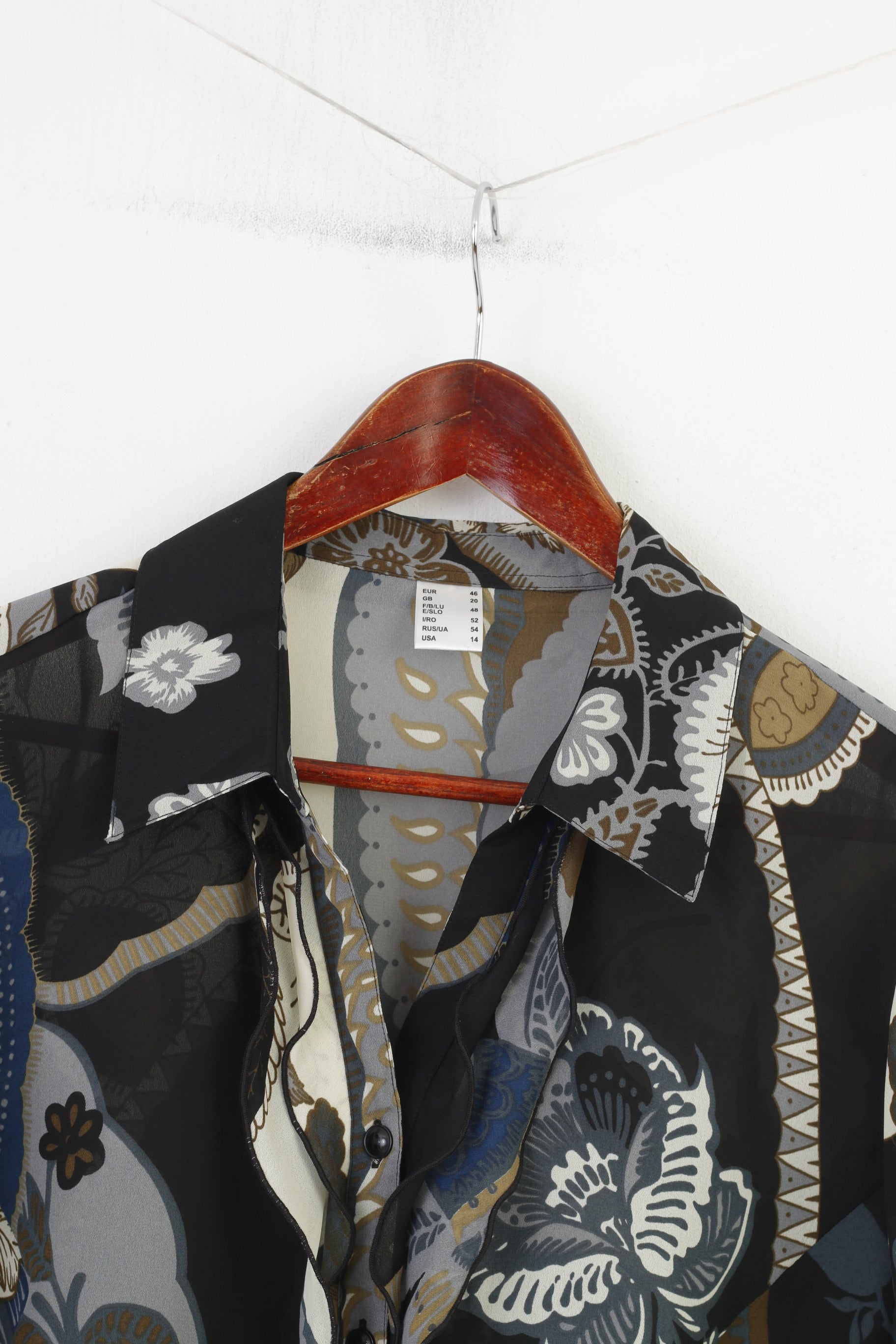 Camicia casual vintage da donna 20 46 XL Top con volant vintage in materiale trasparente nero con stampa floreale