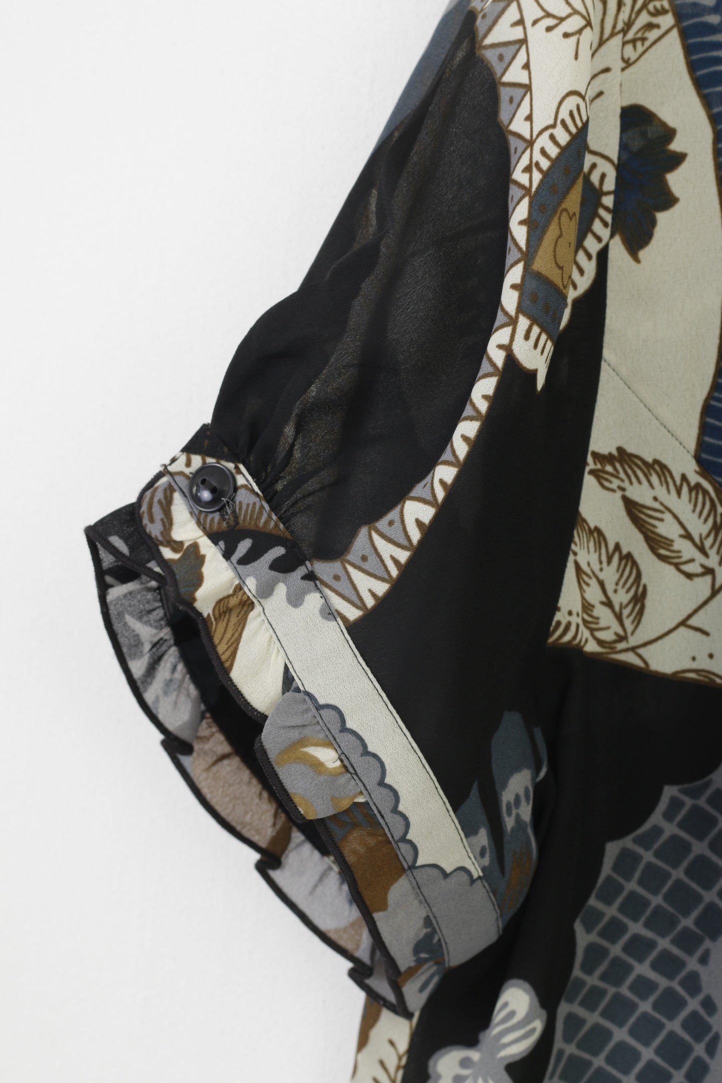 Camicia casual vintage da donna 20 46 XL Top con volant vintage in materiale trasparente nero con stampa floreale