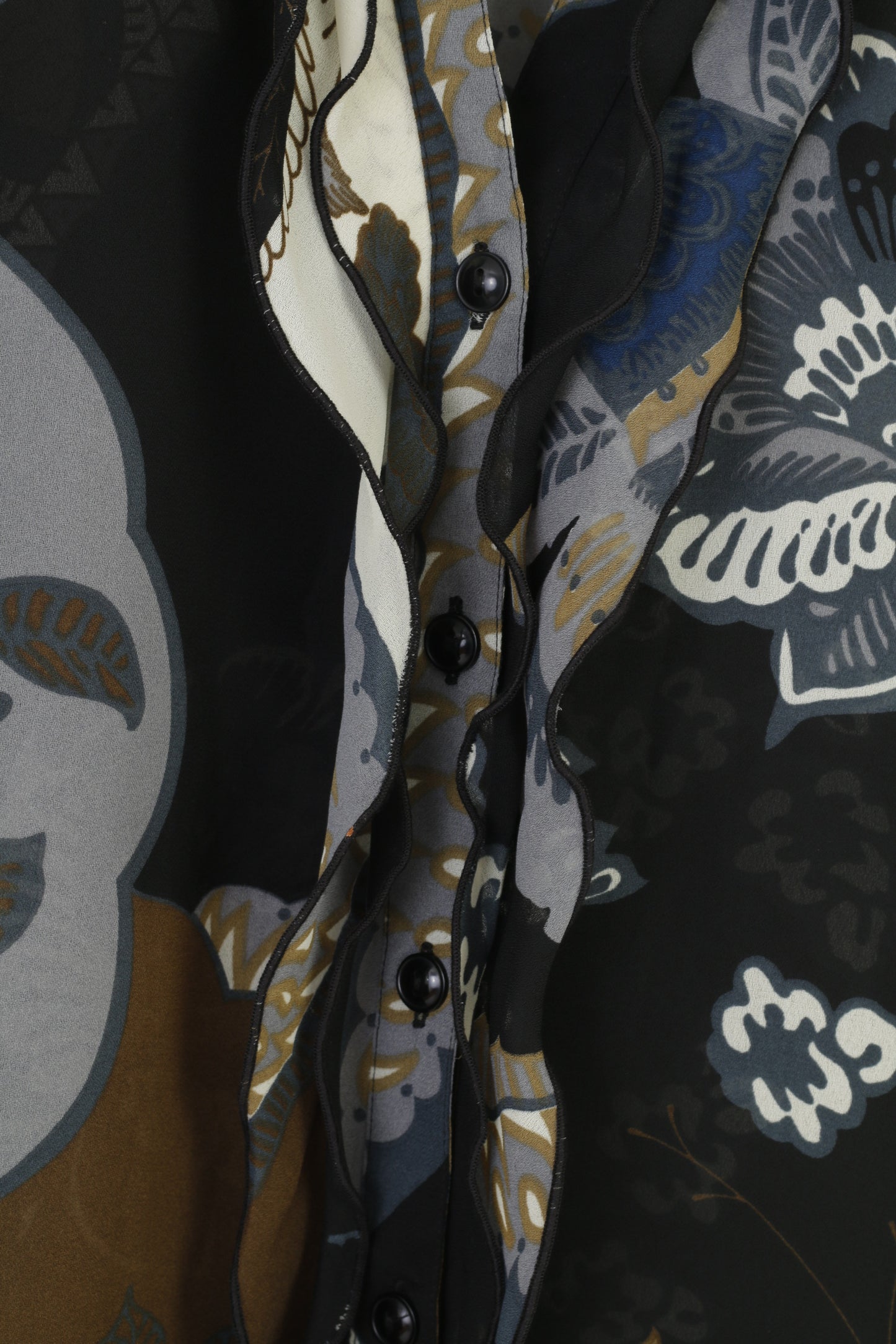 Camicia casual vintage da donna 20 46 XL Top con volant vintage in materiale trasparente nero con stampa floreale