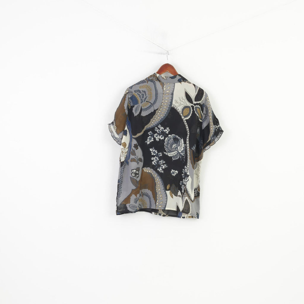 Camicia casual vintage da donna 20 46 XL Top con volant vintage in materiale trasparente nero con stampa floreale