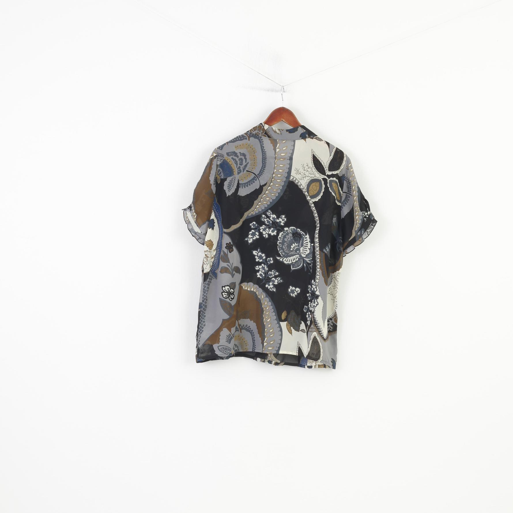 Camicia casual vintage da donna 20 46 XL Top con volant vintage in materiale trasparente nero con stampa floreale
