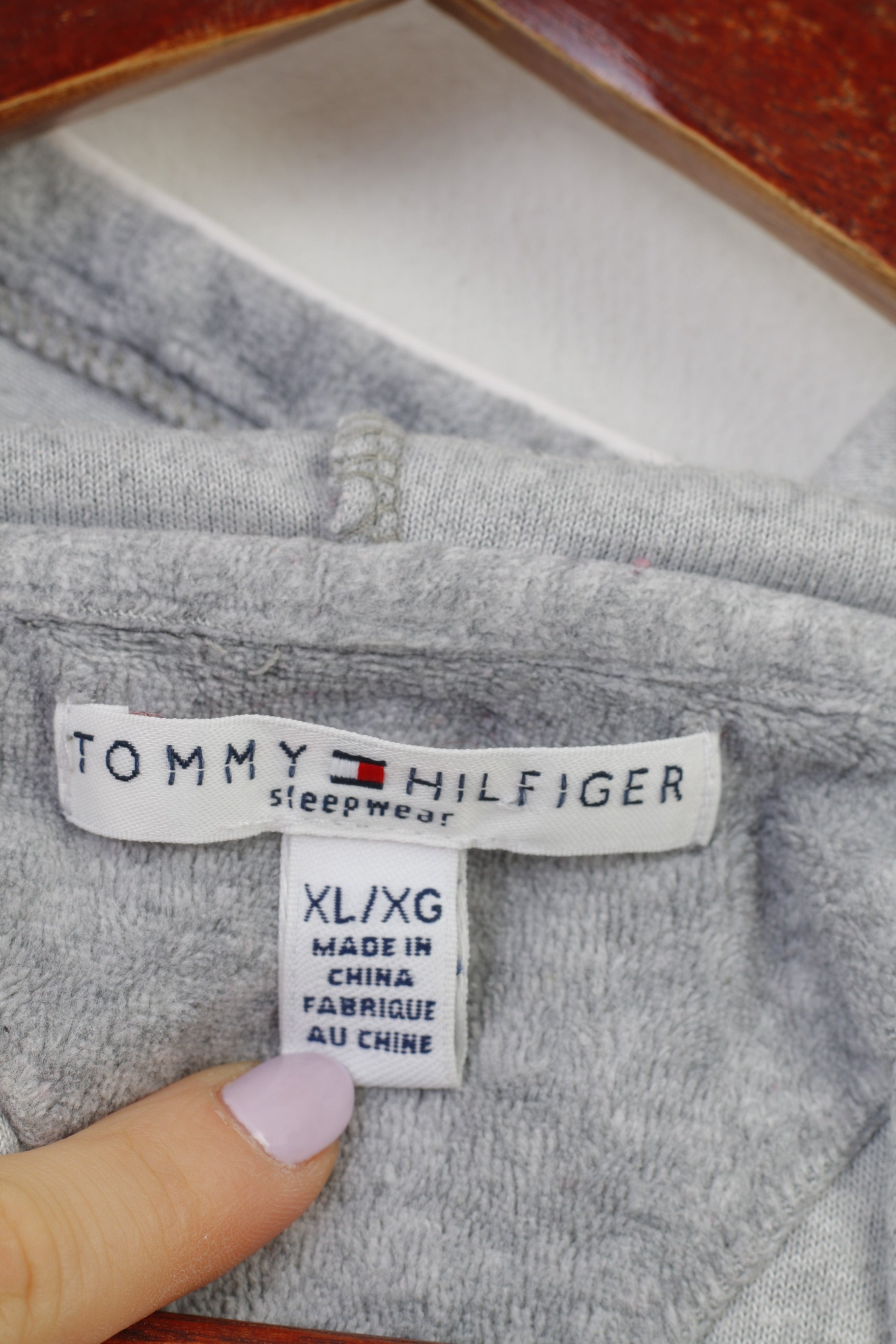 Tommy Hilfiger Women XL Sweatshirt Grey Hood Cotton Long Sleeve Sleepwear Vintage Velvet Top