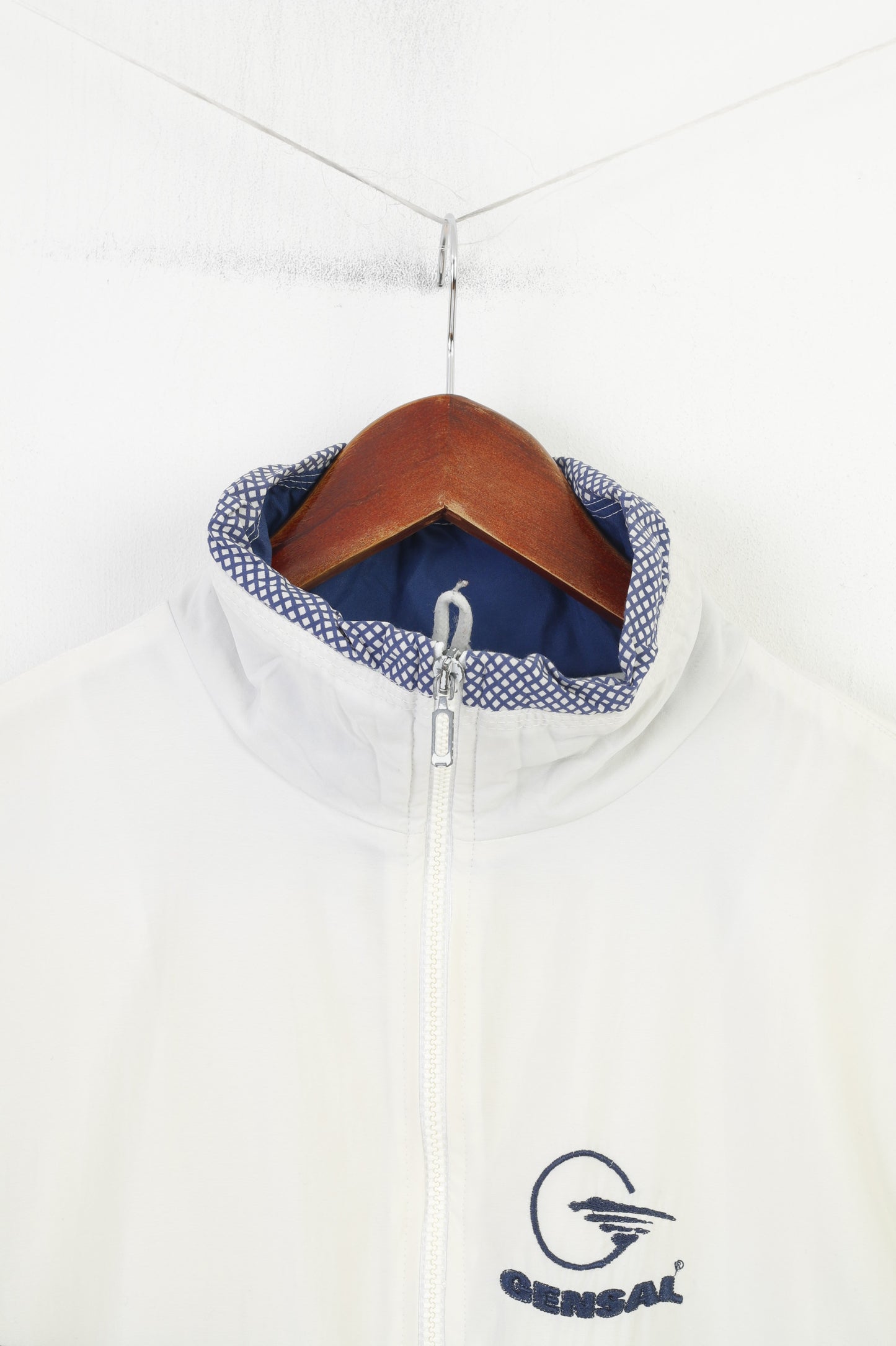 Gensal Men M Jacket White Blue Full Zipper Lightweight Removable Sleeves Vintage Top