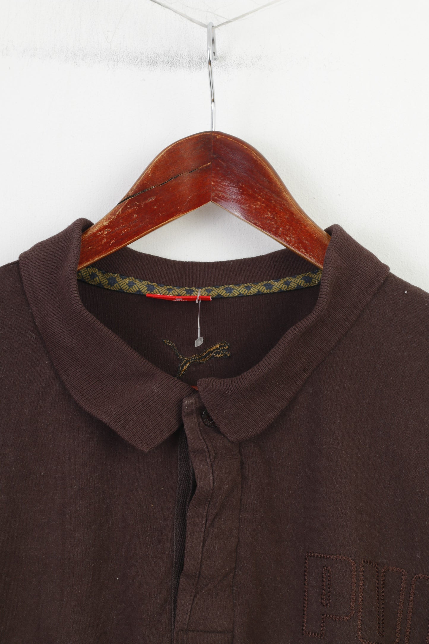 Puma Men XL Shirt Brown Collar Longsleeve Polo Vintage Cotton Top