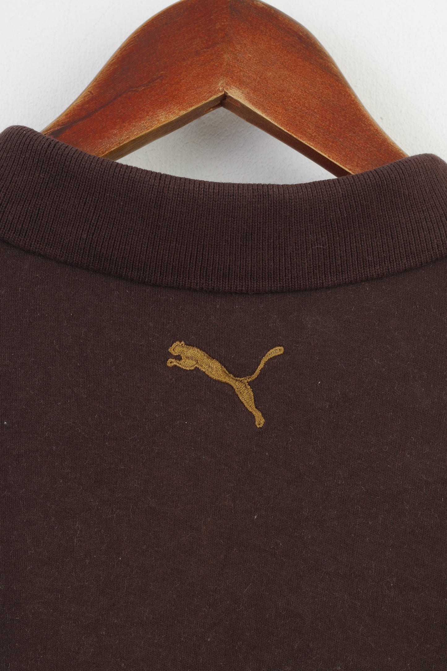 Maglia Puma da uomo XL con colletto marrone, polo a maniche lunghe, top in cotone vintage