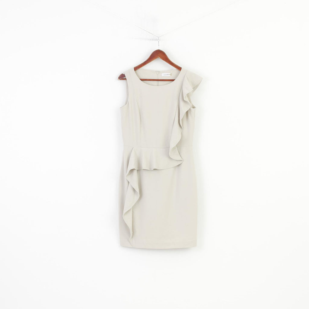 Calvin Klein Woman 10 M Dress Midi Sleevelees Beige Ruffles Elegant Zipper 
