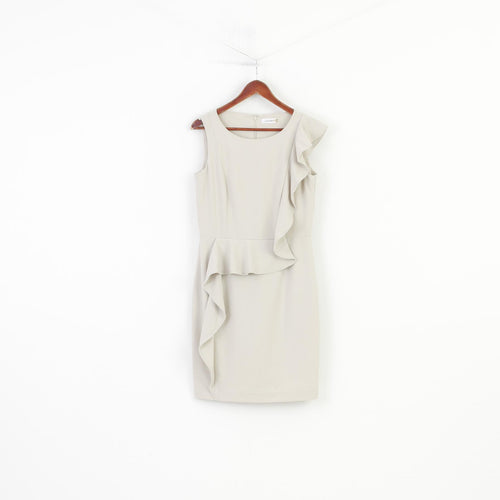 Calvin Klein Woman 10 M Dress Midi Sleevelees Beige Ruffles Elegant Zipper 