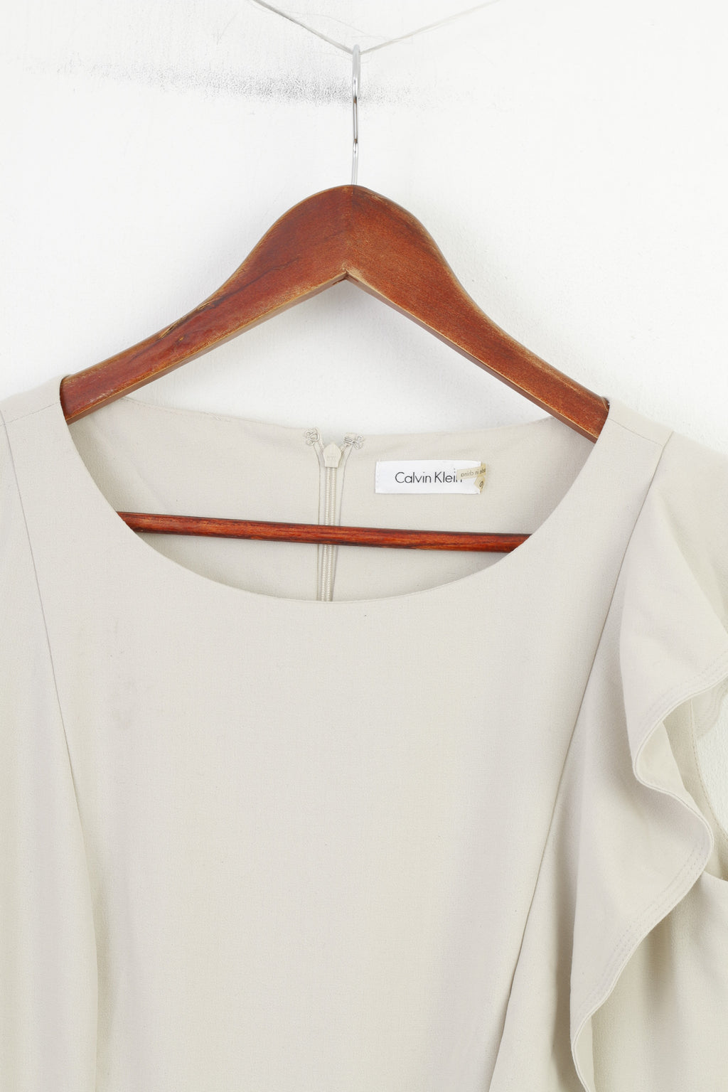 Calvin Klein Woman 10 M Robe Midi Manches Beige Volants Fermeture Éclair Élégante 