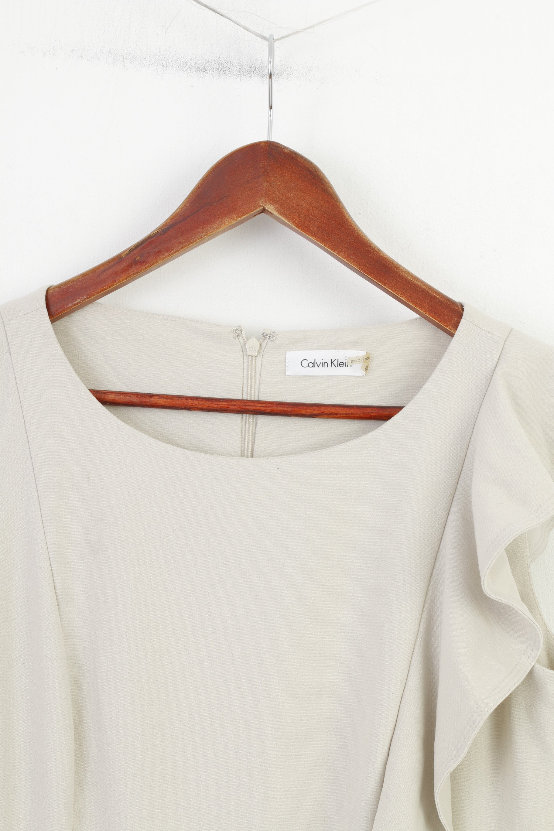 Calvin Klein Woman 10 M Robe Midi Manches Beige Volants Fermeture Éclair Élégante 