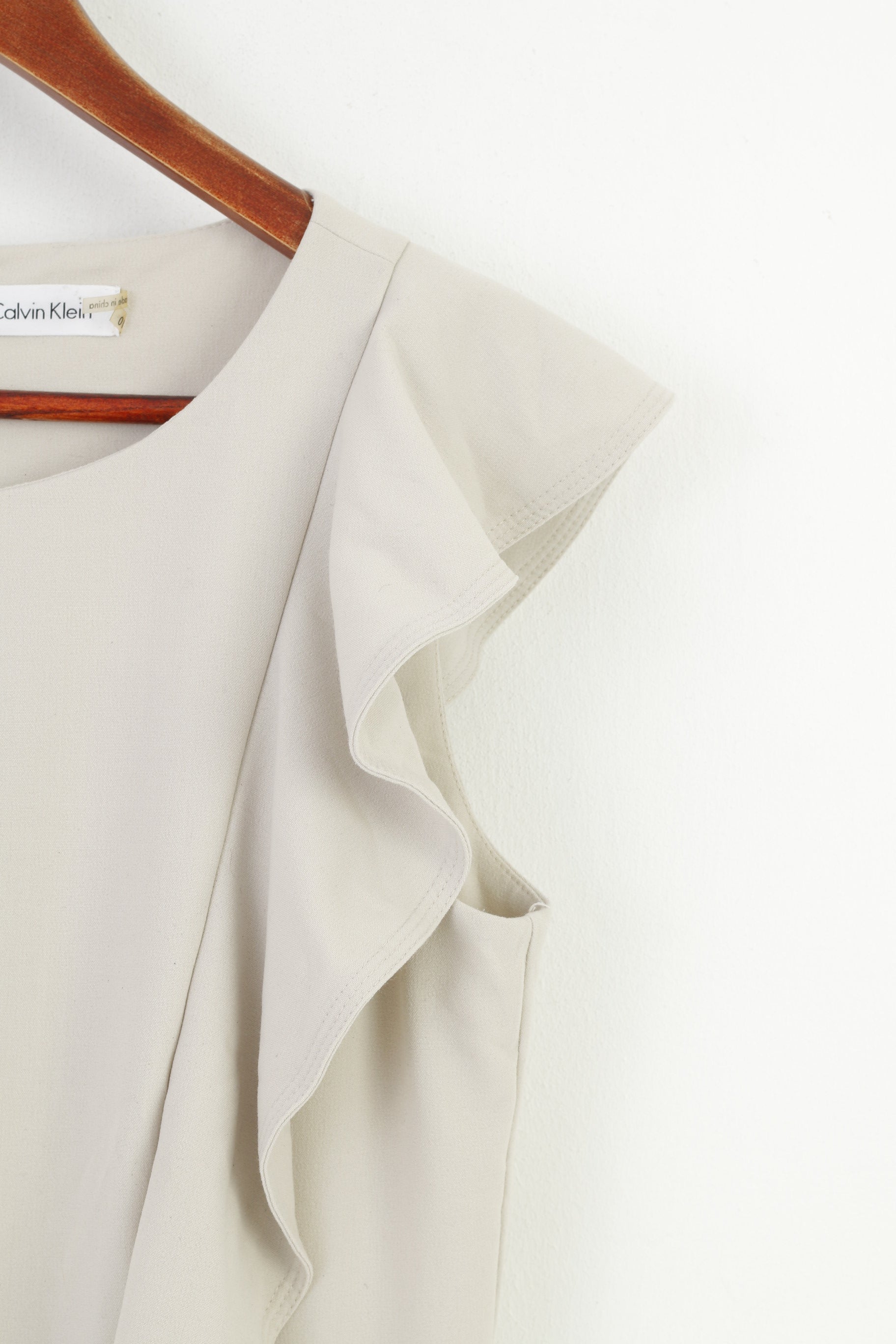 Calvin Klein Woman 10 M Robe Midi Manches Beige Volants Fermeture Éclair Élégante 