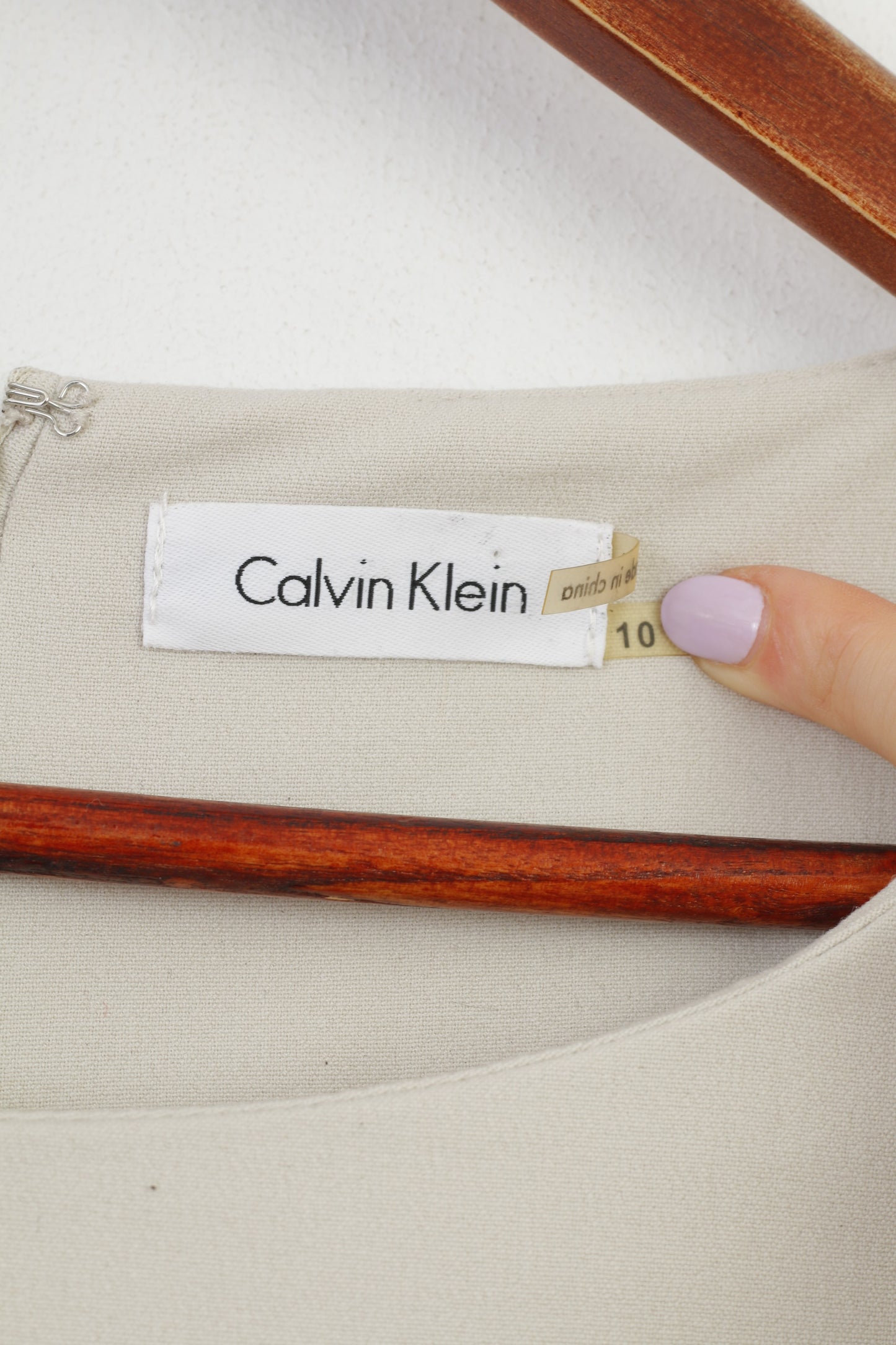 Calvin Klein Donna 10 M Abito Midi Maniche Beige Ruffles Elegante Cerniera 