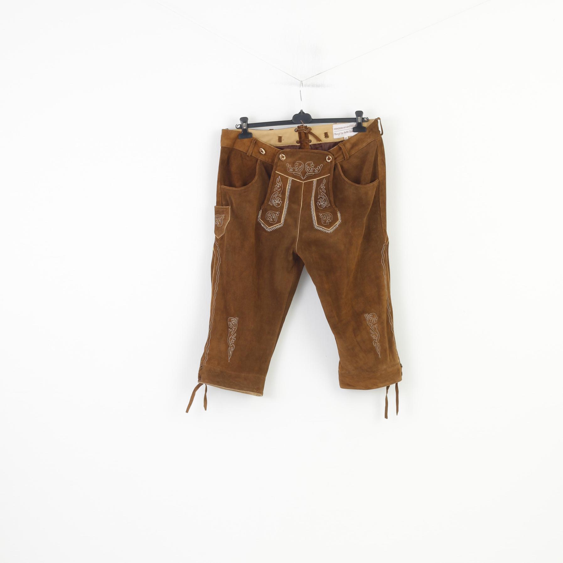 Lederversand Men 60 Leather Trousers Brown Vintage Tyrol Austria Trachten  Western Cowboy Traditional Emroidered Bottoms Pockets
